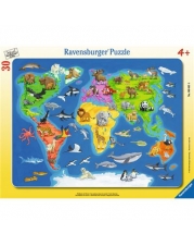 Ravensburger Puzzle - Rahmenpuzzle - Weltkarte mit Tieren, 30 Teile