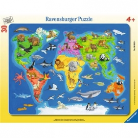 Ravensburger Puzzle - Rahmenpuzzle - Weltkarte mit Tieren, 30 Teile