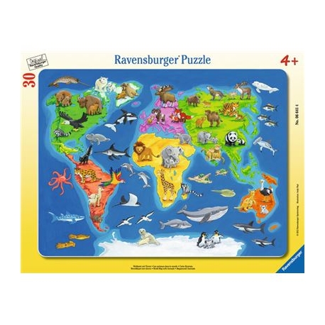 Ravensburger Puzzle - Rahmenpuzzle - Weltkarte mit Tieren, 30 Teile